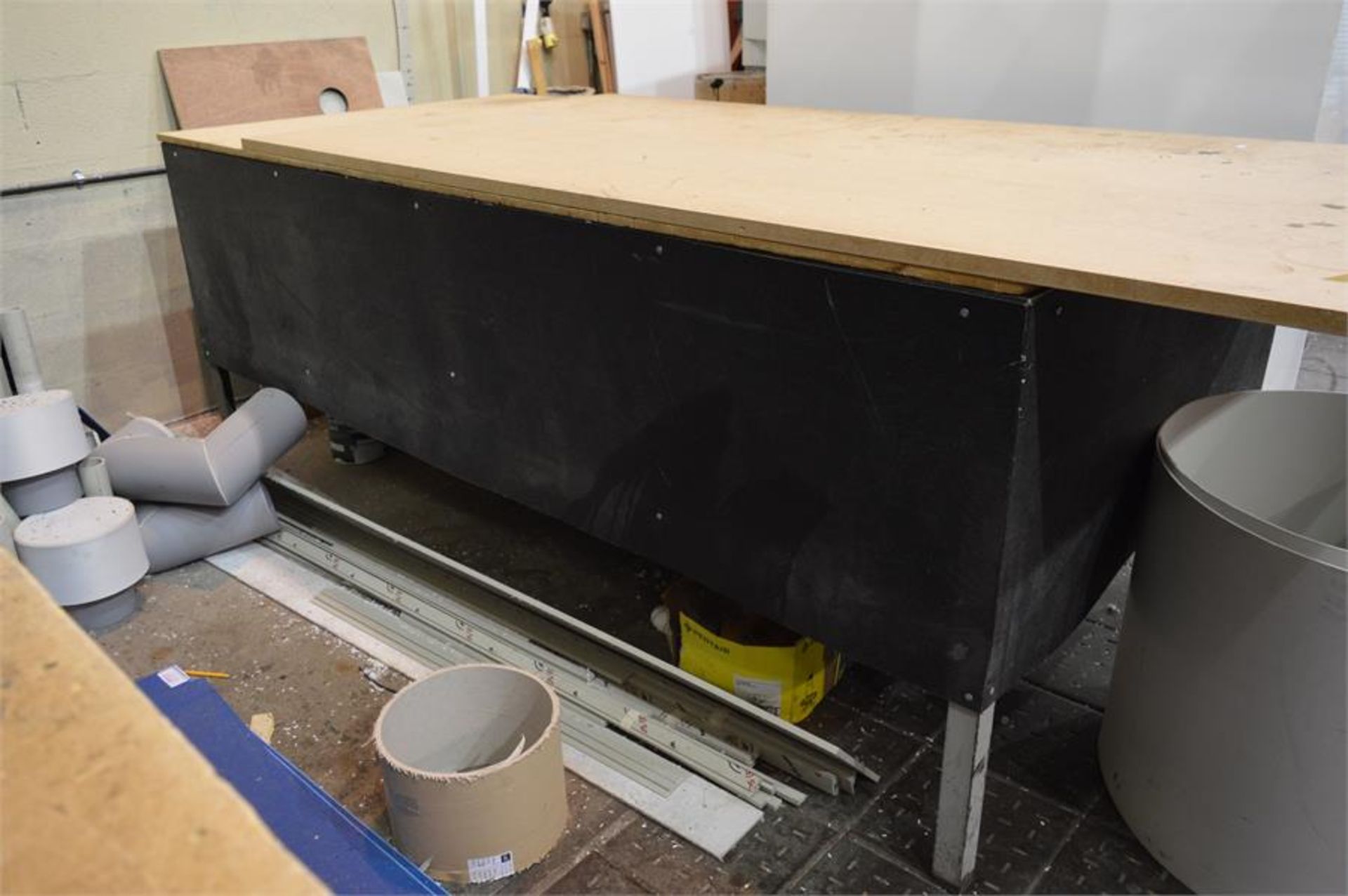 Steel framed wooden topped fabricated workbench, 2.52m x 1.22m x 1m (H), (contents not included)