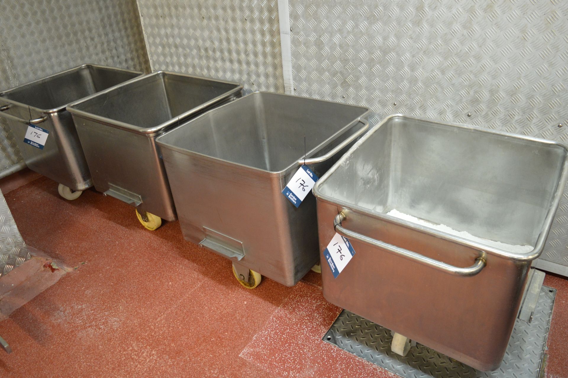 4 x mobile stainless steel flour bins (no lids) (Located at Crantock Bakery, Newquay)