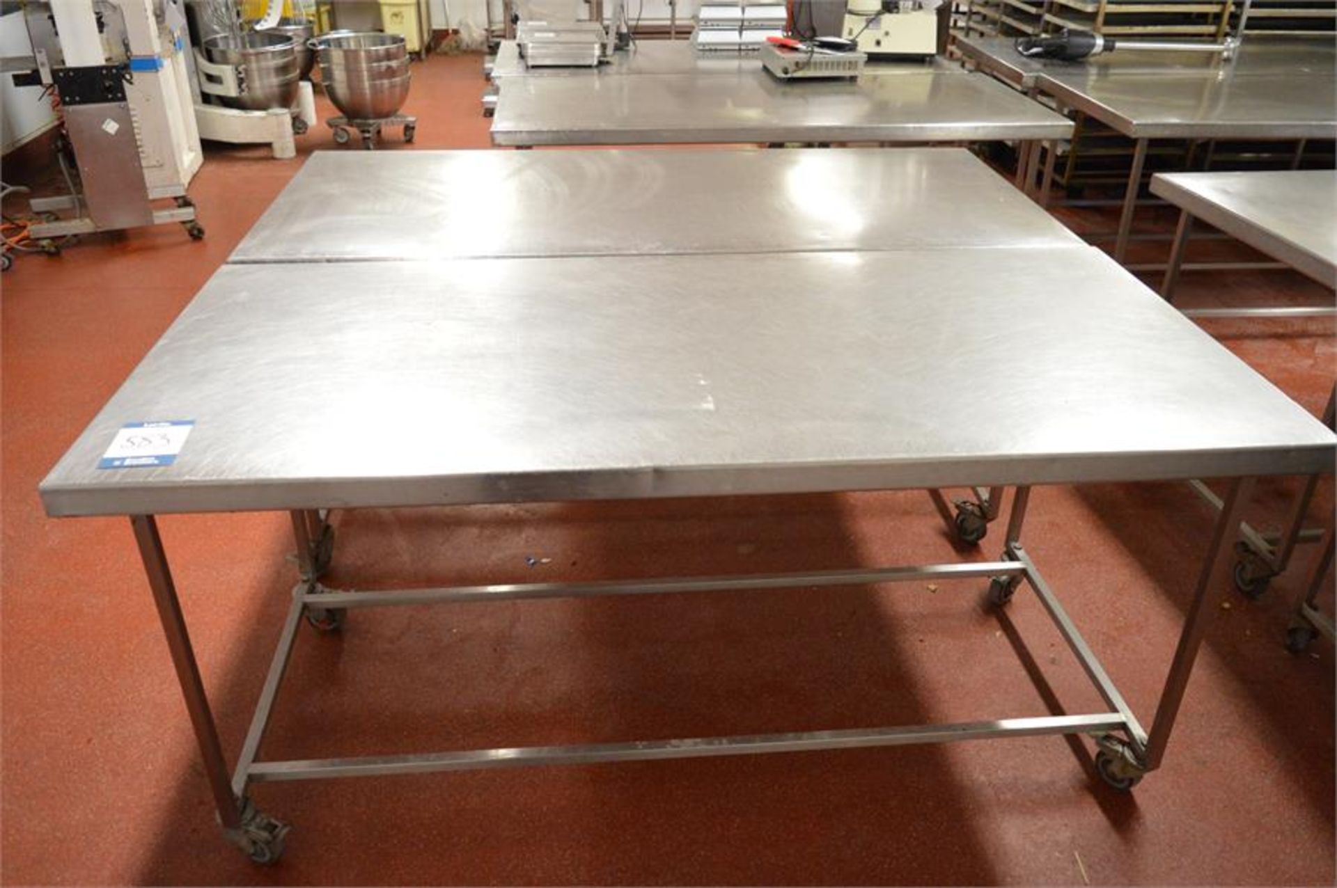 2 x stainless steel mobile prep tables, 1.87m (w) x 0.87m (d) x 0.88m (h) (Located at Continental