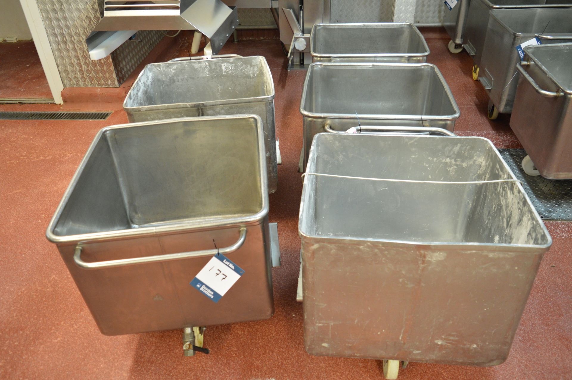 5 x mobile stainless steel flour bins (no lids) (Located at Crantock Bakery, Newquay)