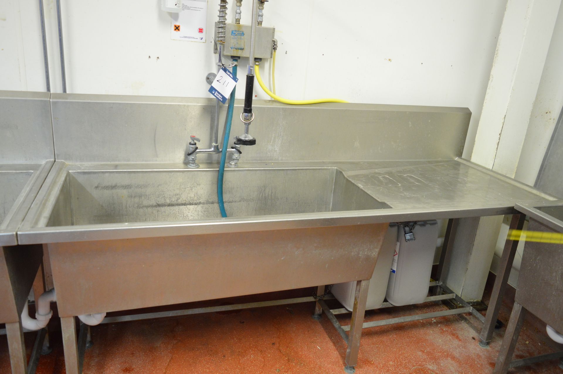 Stainless steel single basin sink unit, 2.1m (w) x 0.87m (h) (Located at Crantock Bakery, Newquay)