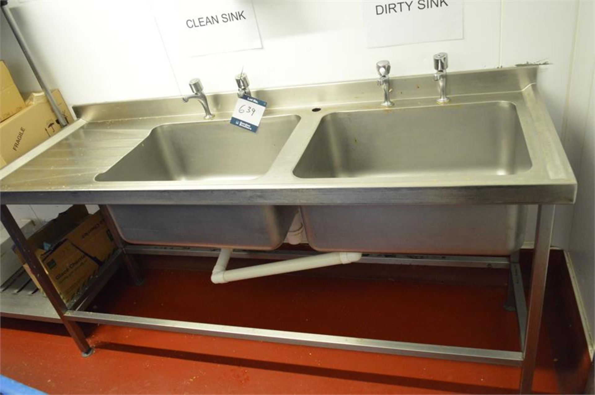 Stainless steel twin basin sink unit (Located at Continental Patisserie, Newport)