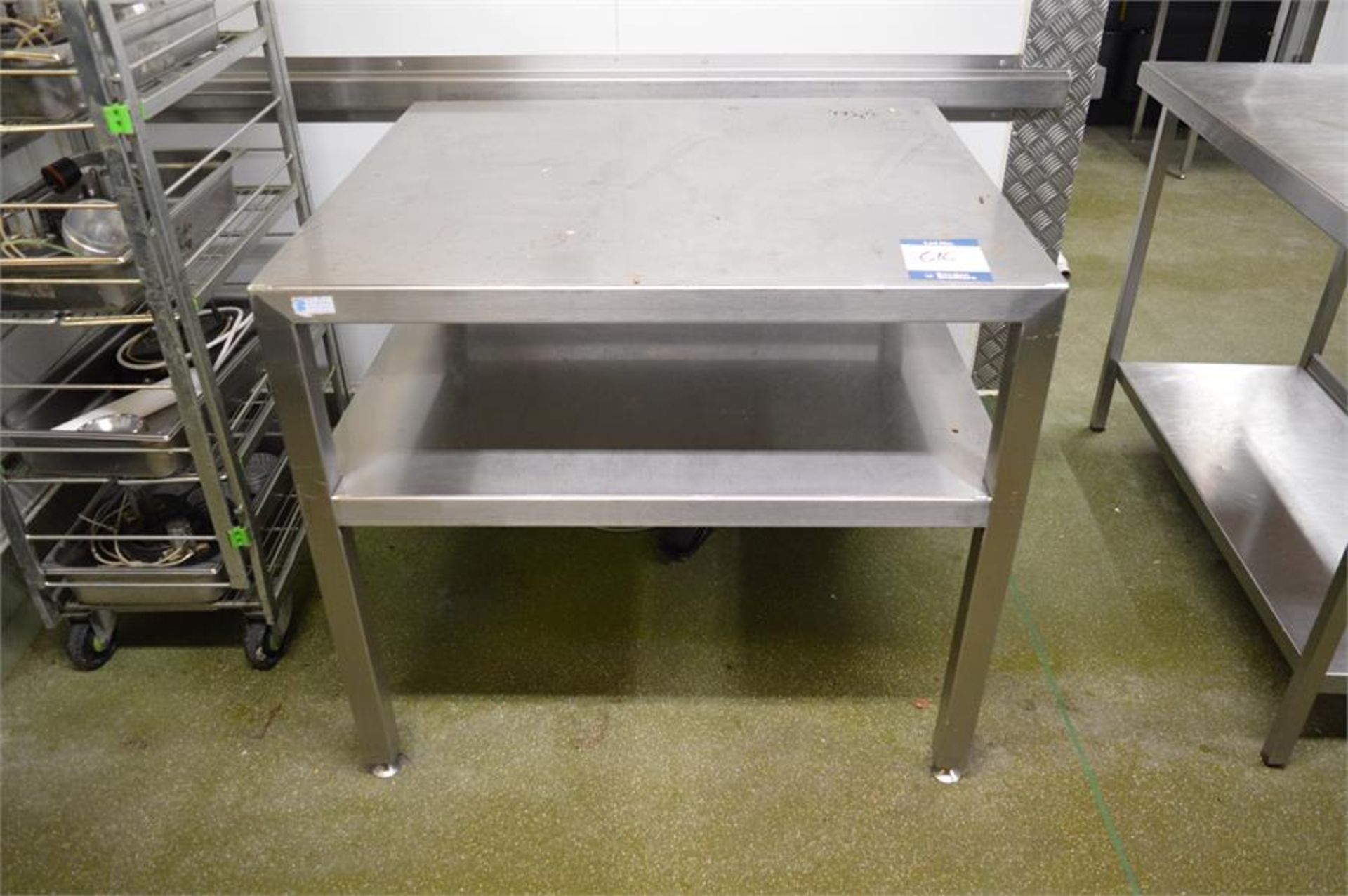 Static, stainless steel prep table with integrated shelf, 1m (w) x 0.9m (d) x 0.89m (h) (Located