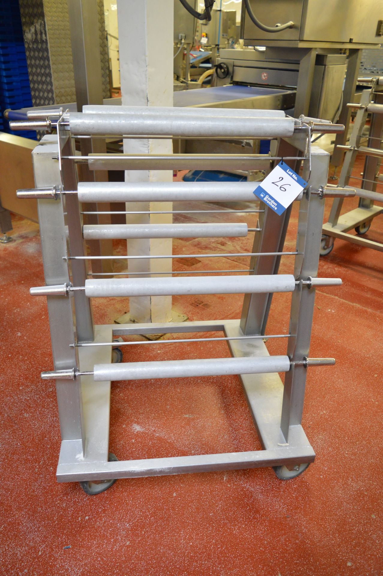 Stainless steel, four tier, mobile pastry sheet roller feeder (Located at Crantock Bakery, Newquay)