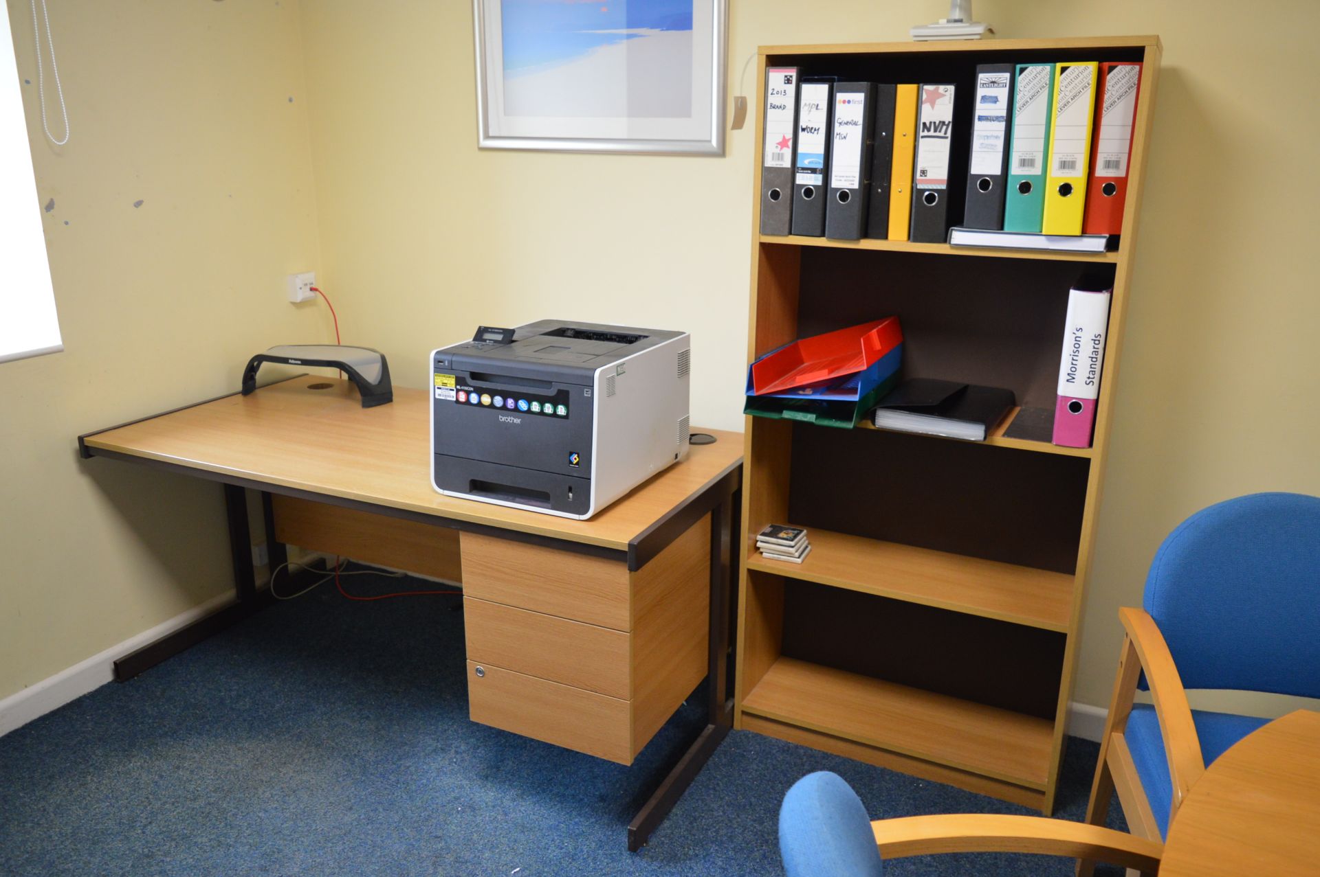 Two Bisley metal tambour storage cupboards, 6 - meeting chairs, corner unit, pedestal desk,