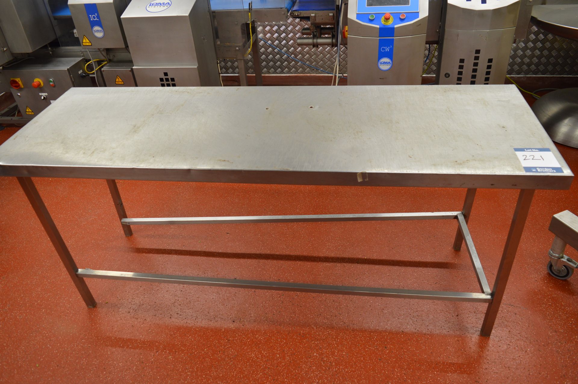 Stainless steel work bench, 1.83m (w) x 0.61m (d) x 0.8m (h) (Located at Crantock Bakery, Newquay)