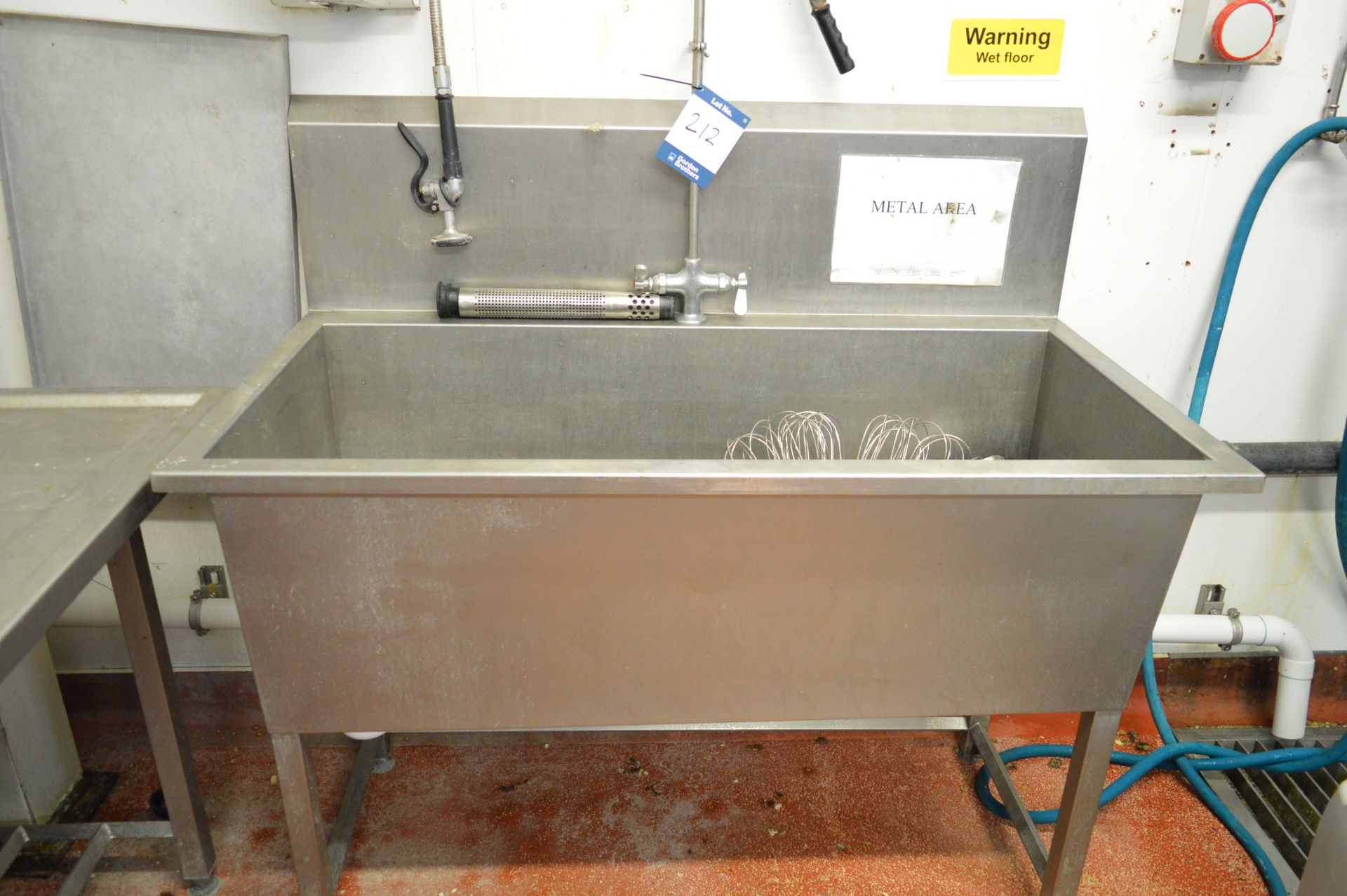 Stainless steel single basin sink unit, 1.29m (w) x 0.89m (h) (Located at Crantock Bakery, Newquay)