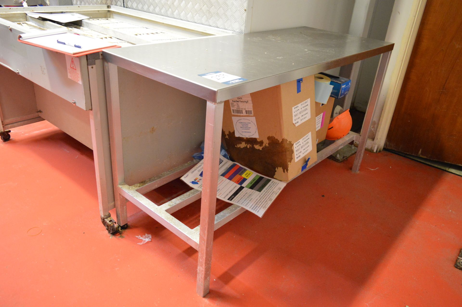 Stainless steel work bench, 1.5m (w) x 0.60m (d) x 0.85m (h) (Located at Crantock Bakery, Newquay)