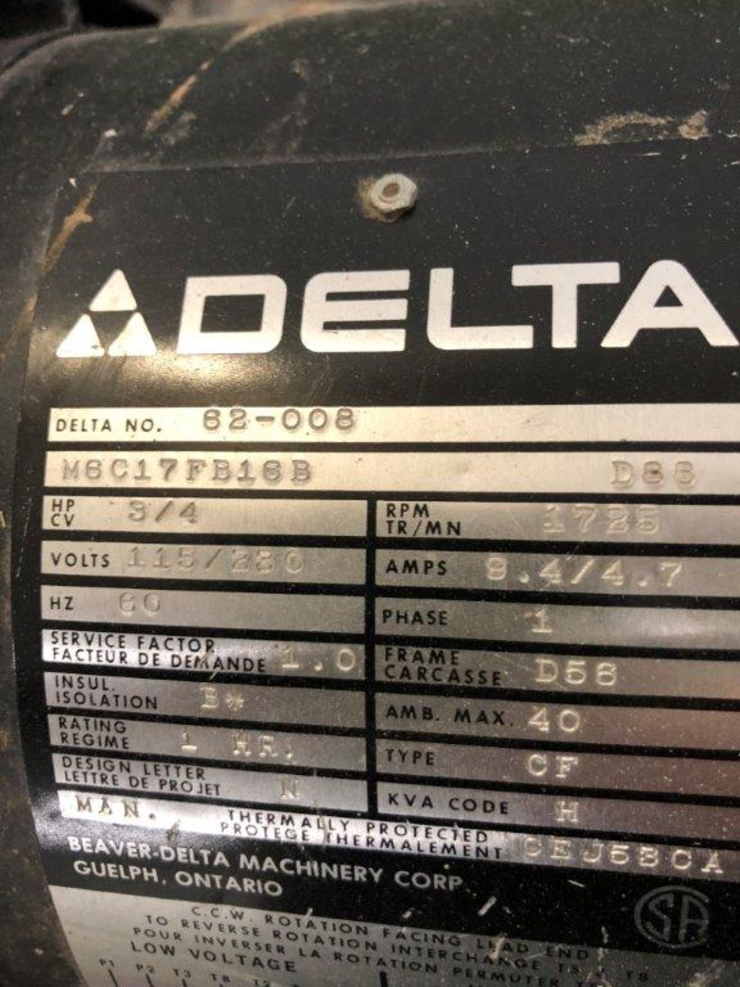 DELTA BAND SAW, mod: 62-008, 115/230 V, 9.4/4./ A, 3/4 HP, 3725 RPM - Image 5 of 10