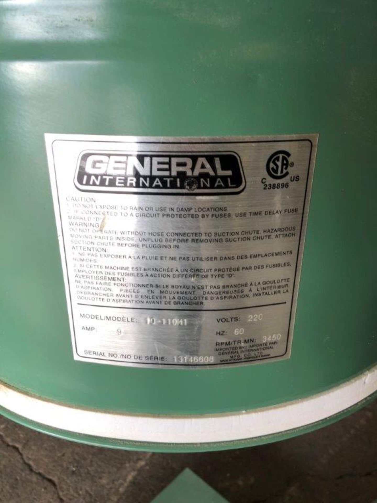 GENERAL DUST COLLECTOR, mod: 10-110M1, 220 V, 9 A, 3460 RPM, - Image 4 of 6