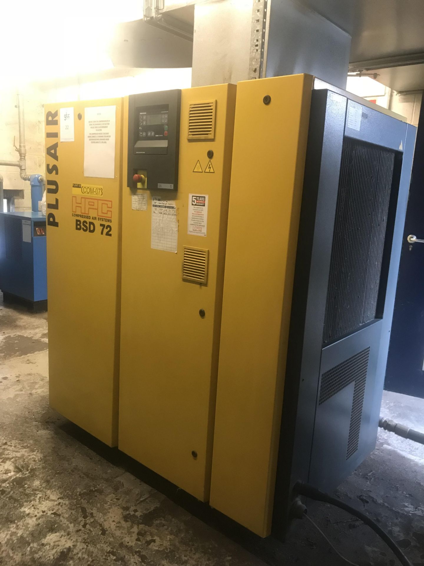 HPC Plusair, model number BSD 72 packaged air compressor, 37Kw, 8 bar, serial number 1378, (2005),