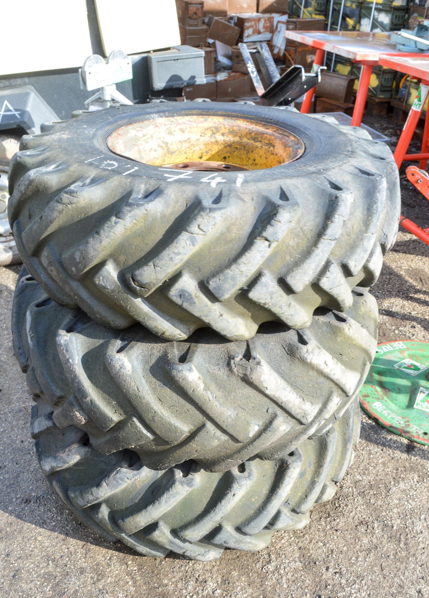 3 dumper wheels and tyres  Tyre Size: 11.5/80 15.3 ** No VAT on hammer price but VAT will be charged