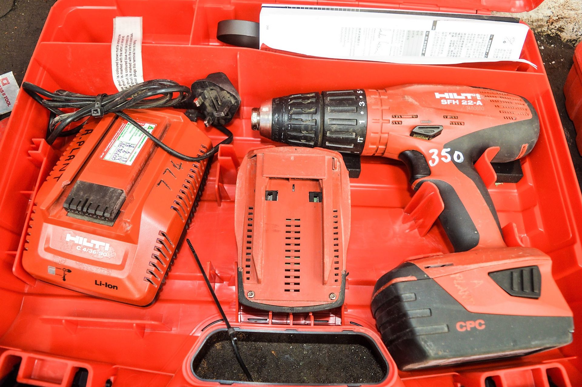 Hilti SFH22-A 22v cordless power drill c/w charger, 2 batteries & carry case A686600