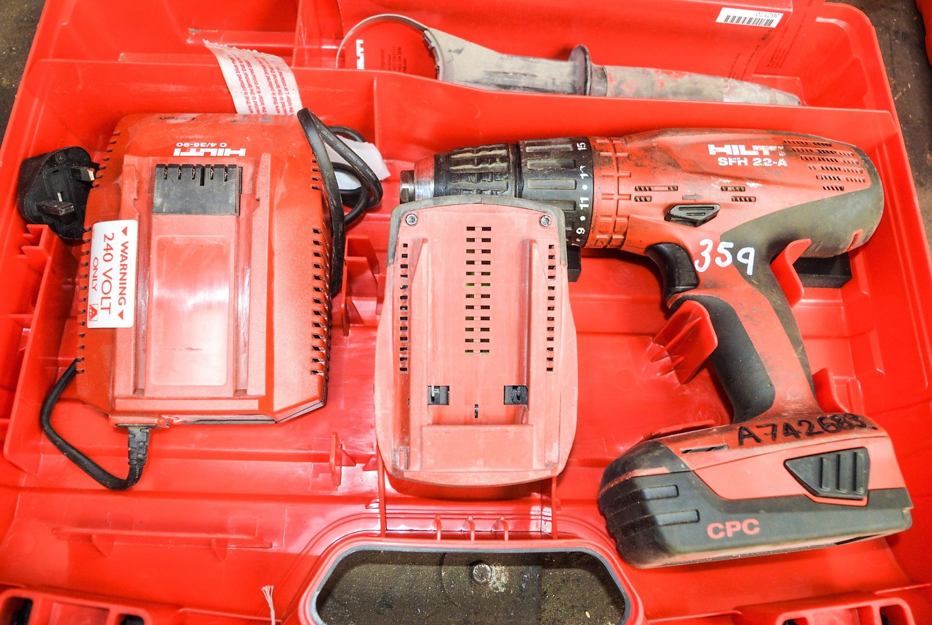 Hilti SFH22-A 22v cordless power drill c/w charger, 2 batteries & carry case A742683