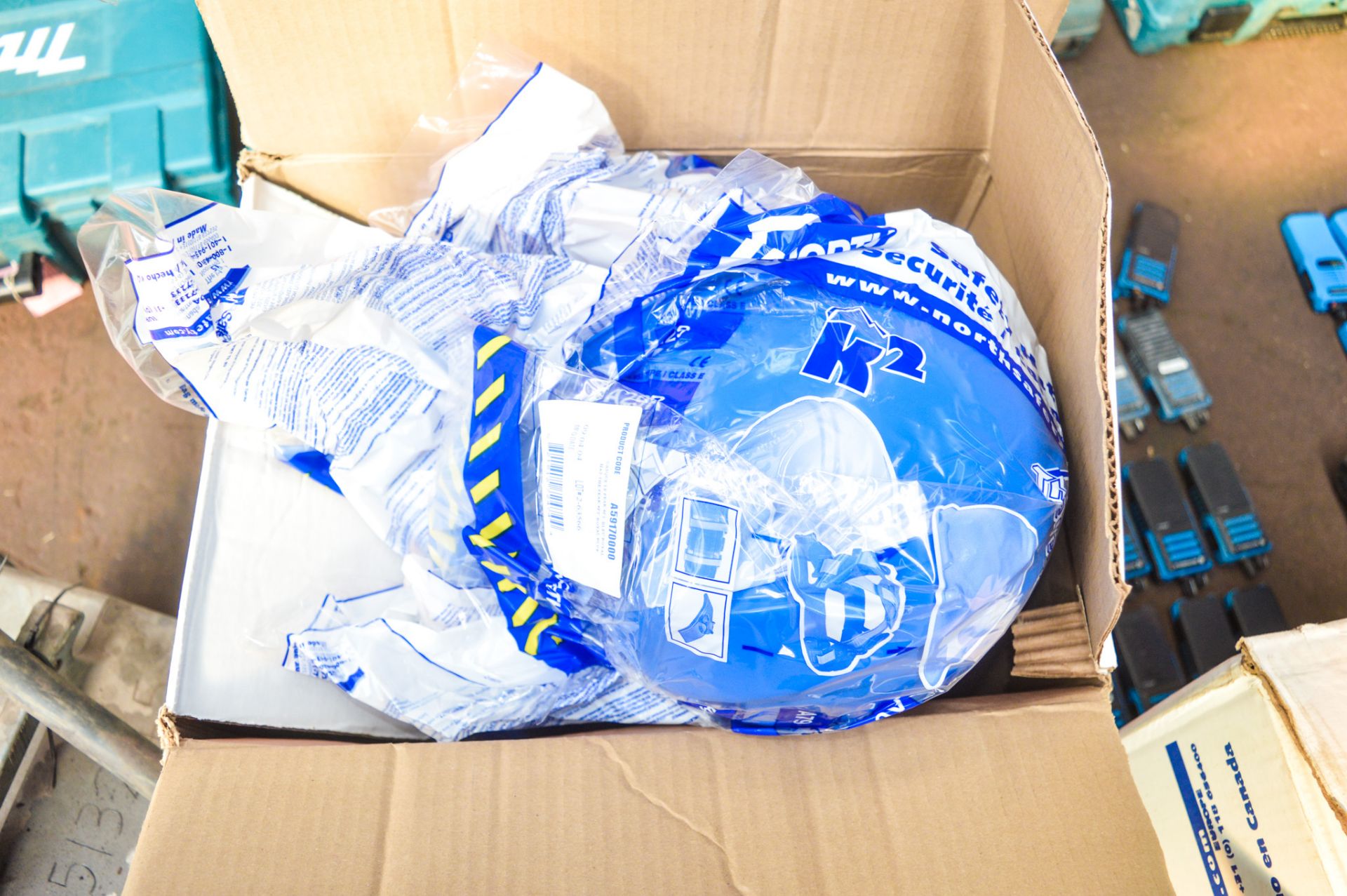 Box of approximately 20 royal blue hard hats