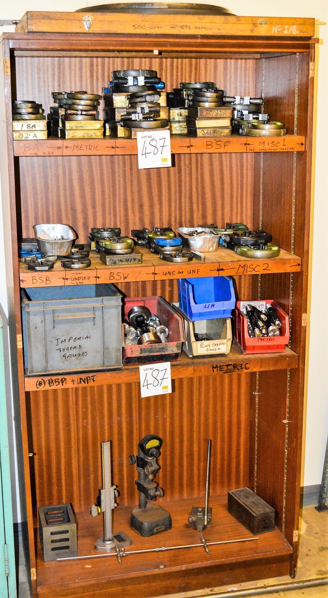 Wooden cabinet & contents of thread gauges, height gauges etc as lotted