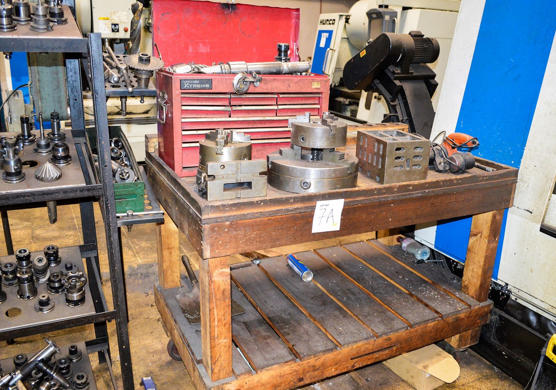 Wooden work bench & steel rack c/w contents of tooling etc as lotted