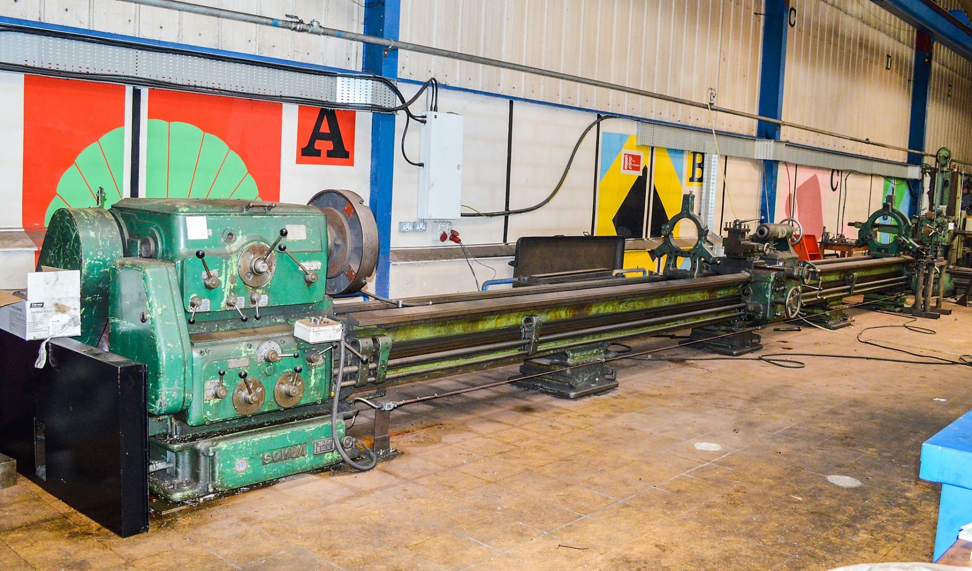 Somua straight bed centre lathe 15 inch swing over bed, 31 foot between centres c/w 3 - fixed