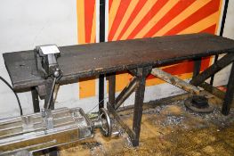 Wooden work bench c/w bench vice & steel cabinet