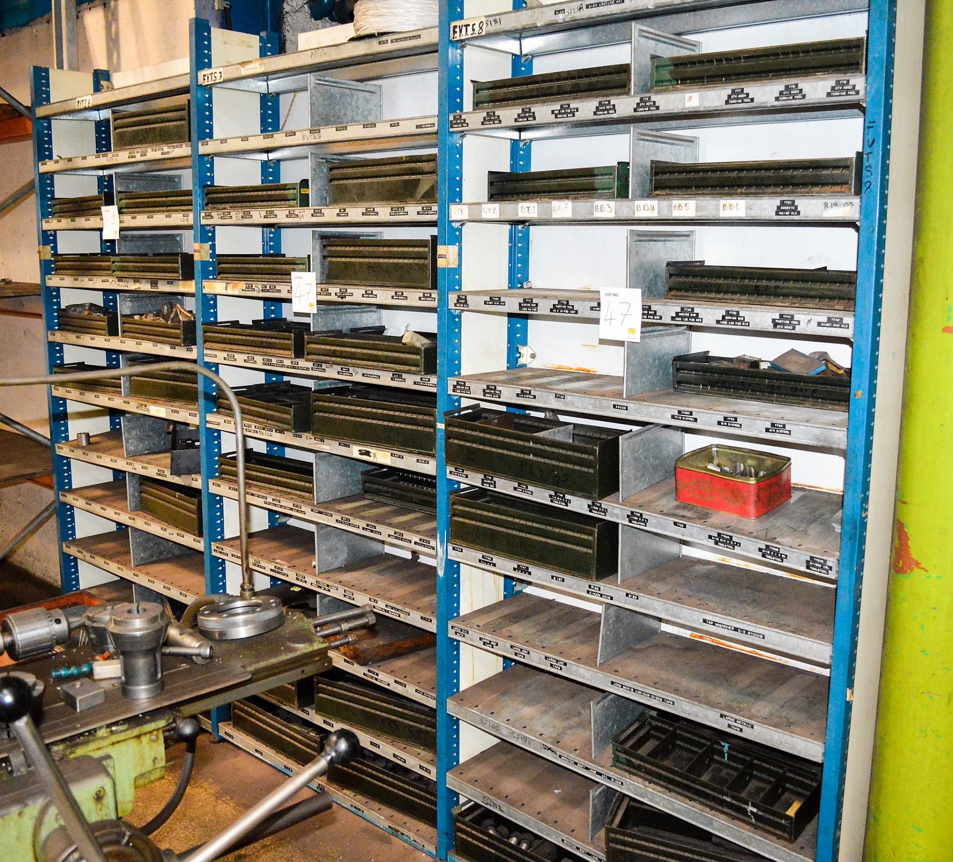 3 - bays of boltless steel racking & contents of nuts, bolts & tooling etc
