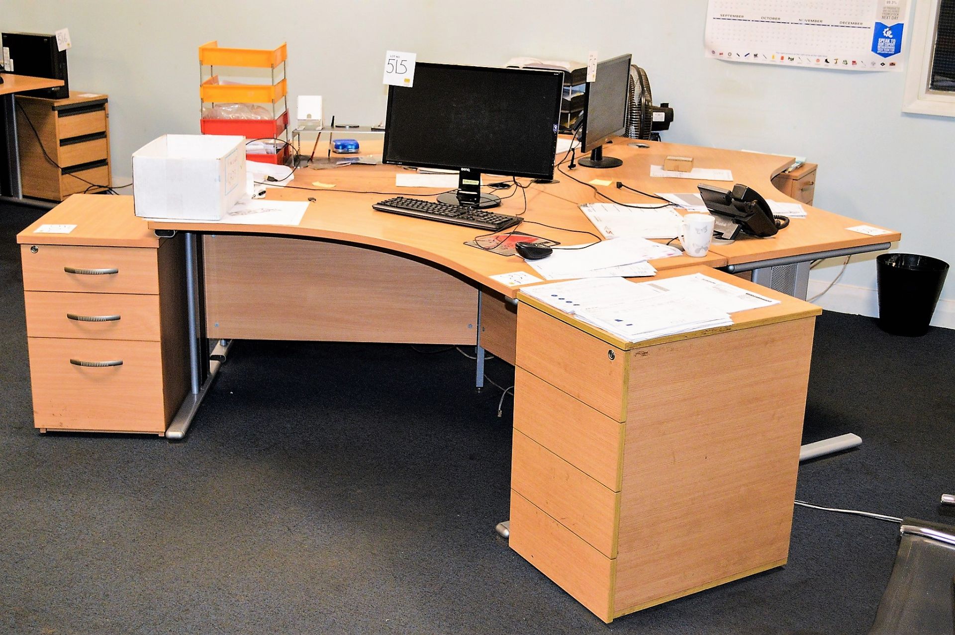 3 person workstation comprising of: 3 - desks & 4 - pedestals