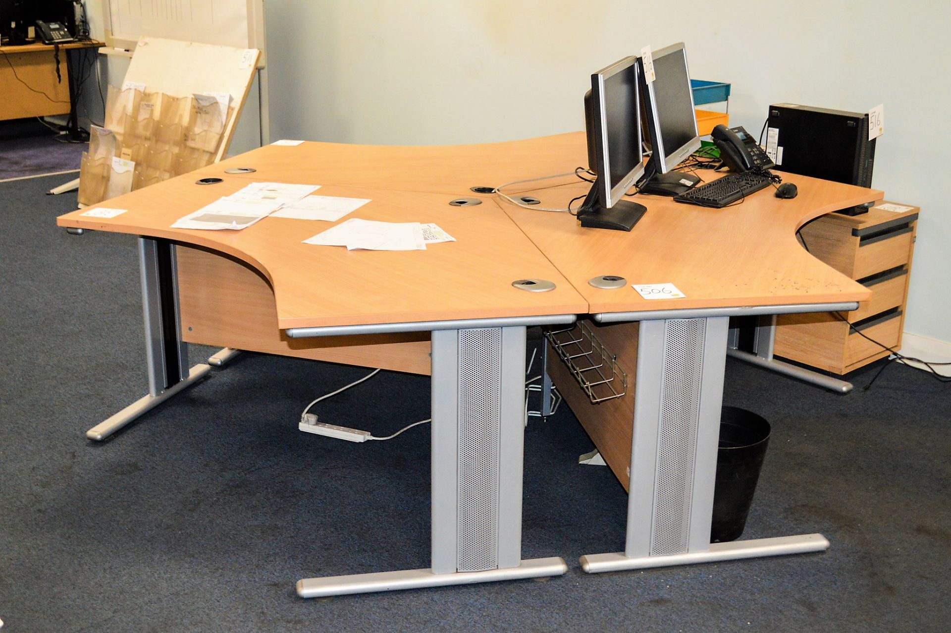 3 person workstation comprising of: 3 - desks & 2 - pedestals