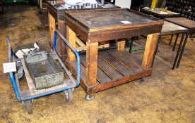 2 wooden benches, 3 tables, steel stillage and steel trolley