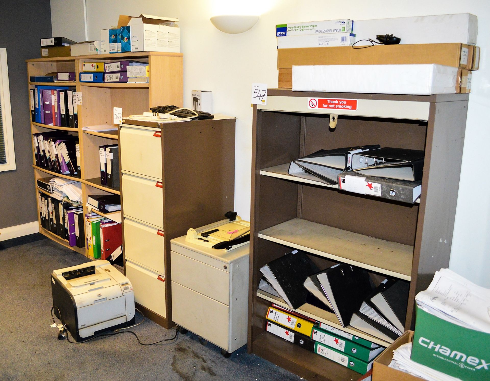 3 - steel cabinets, 4 drawer filing cabinet, 2 drawer pedestal, Hewlett Packard laser printer &