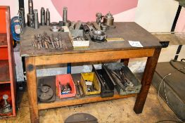 Wooden work bench & contents of drills, tooling etc as lotted
