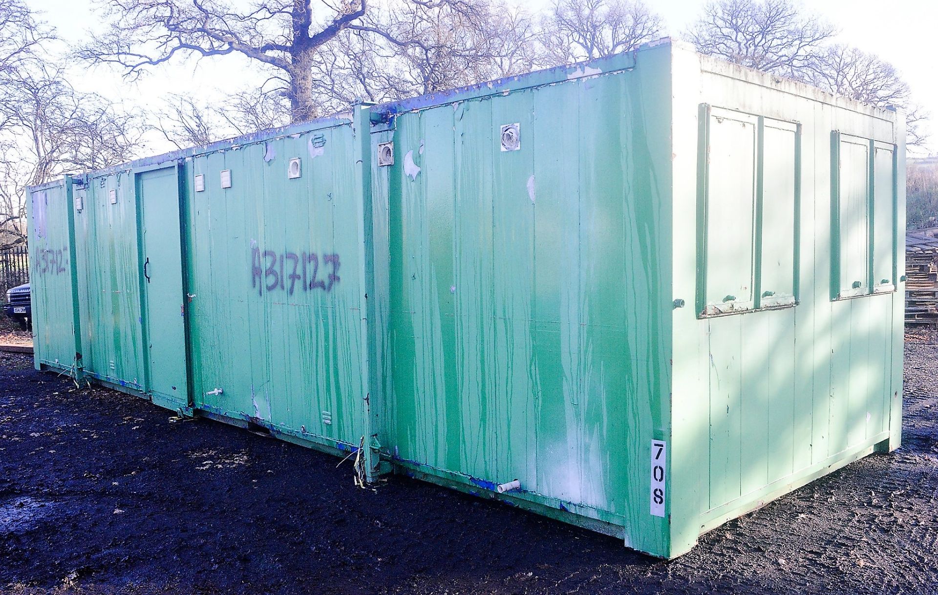 32 ft x 10 ft steel  jack leg anti vandal shower site unit Comprising of: 7 shower units in three