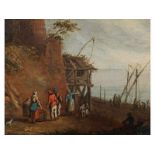 Niederländischer Maler in der Nachfolge Teniers GENRESZENE AM MEERESUFER Öl auf Leinwand. 23 x 29