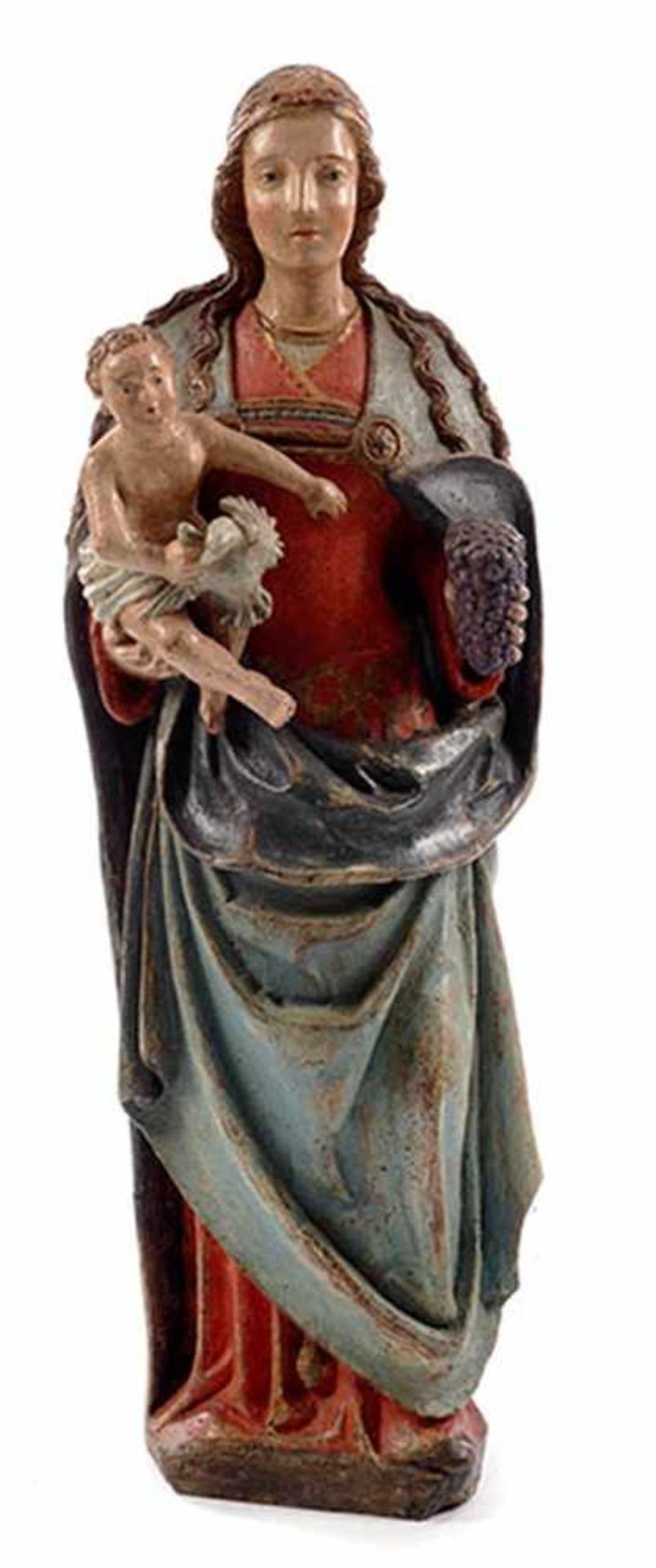 Traubenmadonna Höhe: 108 cm. Um 1500. Vollrund geschnitzt. Aufrecht stehende Madonna, im rechten Arm - Bild 3 aus 3