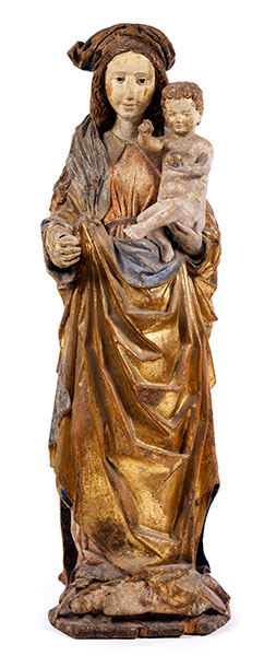 Madonna Höhe: 140 cm. Anfang 16. Jahrhundert. Holz, geschnitzt, gefasst. Große Madonna mit dem Kind,