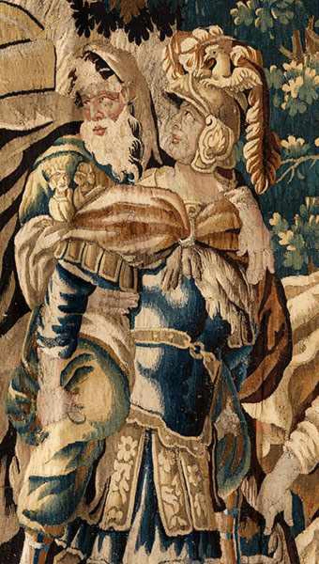Großer Gobelin-Wandteppich mit mythologischer Darstellung AENEAS UND DIE FLUCHT AUS DEM BRENNENDEN - Bild 2 aus 3