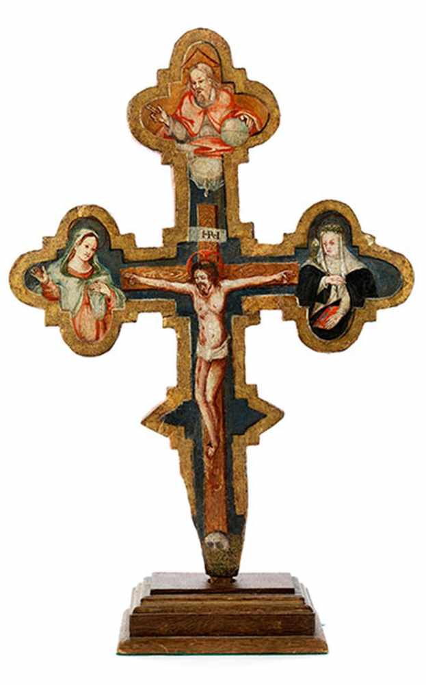 Sieneser Vortragekreuz des ausgehenden 15. Jahrhunderts Höhe: 48 cm. Breite: 32 cm. Holz, bemalt. - Image 3 of 3