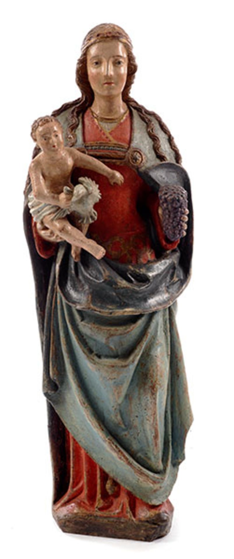 Traubenmadonna Höhe: 108 cm. Um 1500. Vollrund geschnitzt. Aufrecht stehende Madonna, im rechten Arm