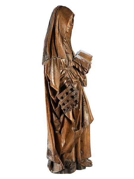Spätgotische Schnitzfigur einer heiligen Nonne mit Buch und drei Kronen als Attribut Höhe: 68 cm. - Image 2 of 3