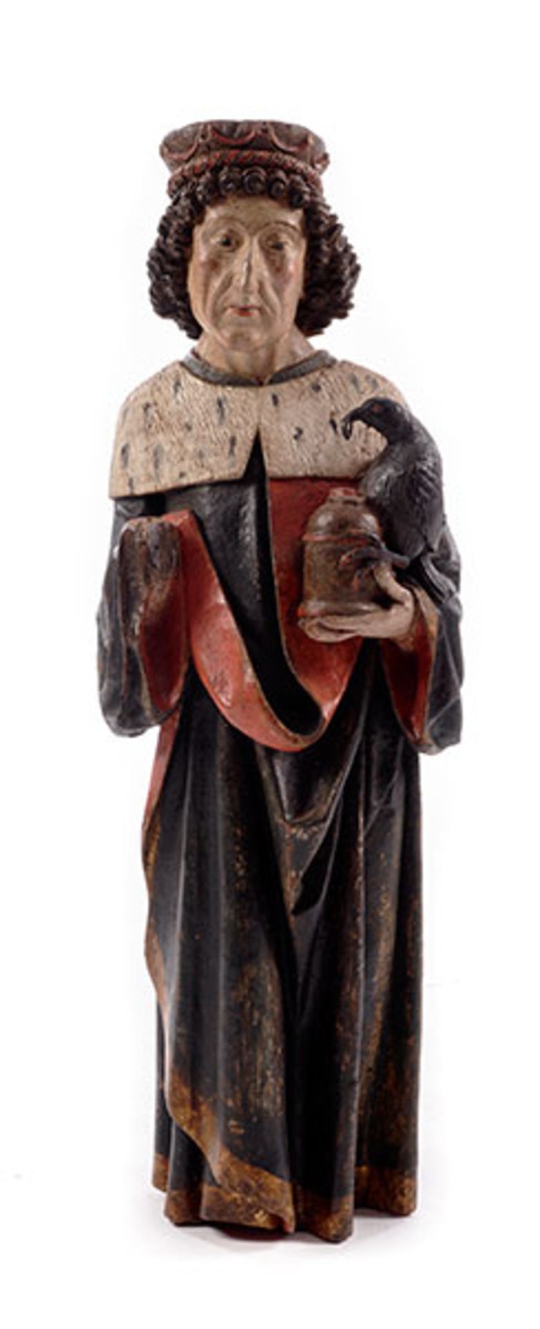 Gotische Schnitzfigur des Heiligen Oswald Höhe: 81 cm. Um 1500. Geschnitzt, hinten gehöhlt. Die alte