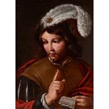 Italo-flämischer Caravaggist des 17. Jahrhunderts JÜNGLING MIT FEDERHUT UND BRIEF Öl auf Leinwand.