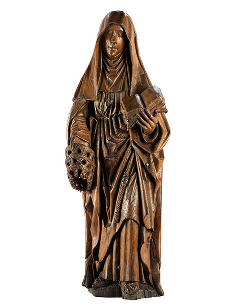 Spätgotische Schnitzfigur einer heiligen Nonne mit Buch und drei Kronen als Attribut Höhe: 68 cm.