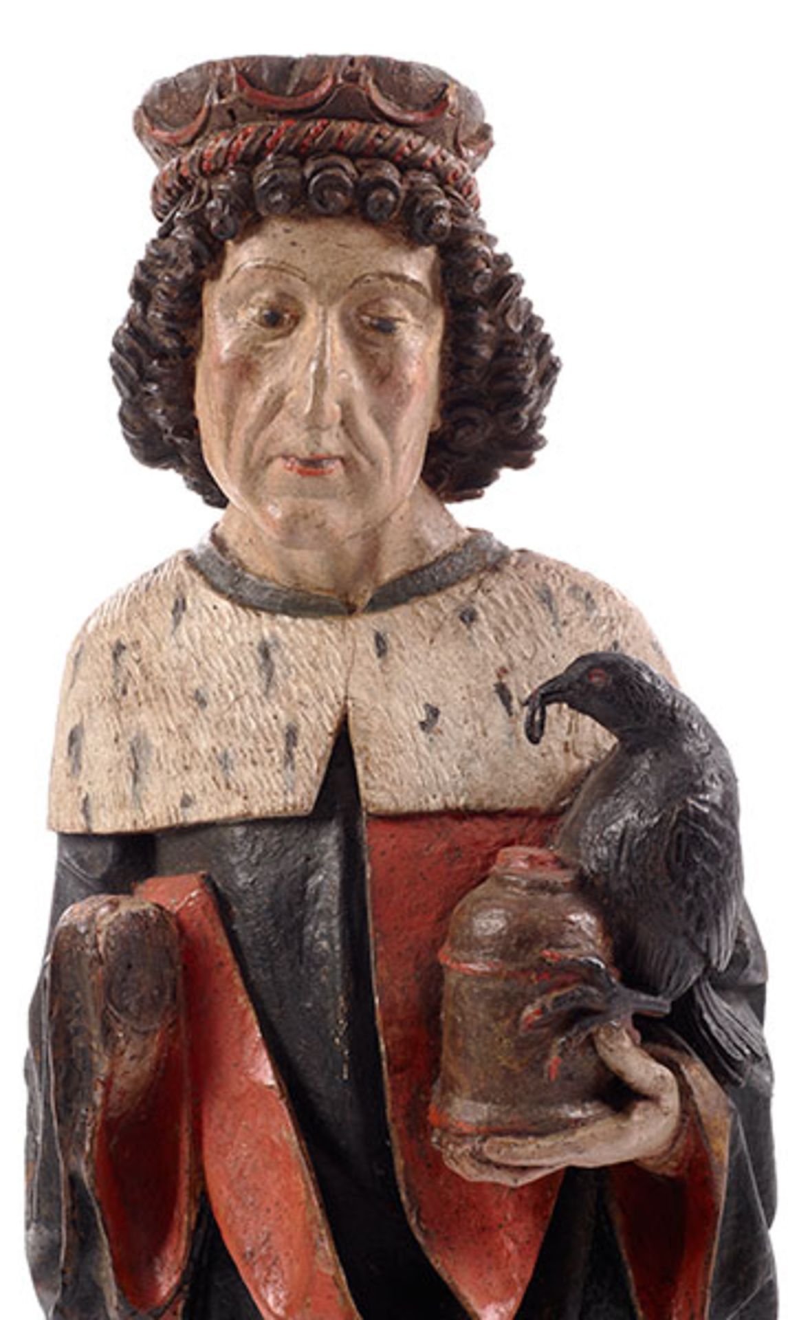 Gotische Schnitzfigur des Heiligen Oswald Höhe: 81 cm. Um 1500. Geschnitzt, hinten gehöhlt. Die alte - Bild 2 aus 3