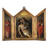 Kleiner Hausaltar in Form eines klappbaren Triptychons Öl auf Holz. Höhe: 52,5 cm. Breite in