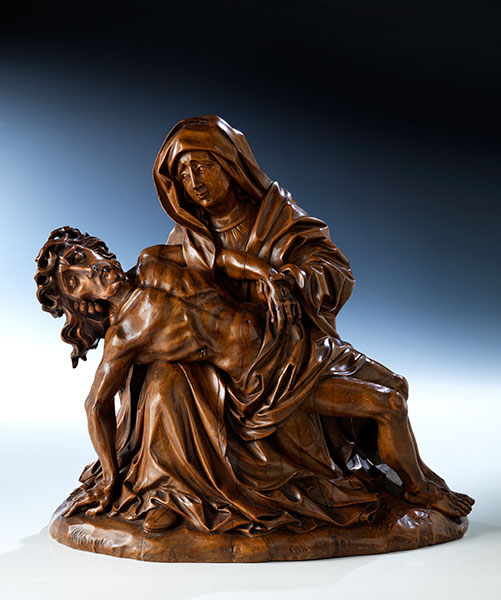 Pietà Höhe: 32,2 cm. Südliche Niederlande, um 1510/ 20. Eichenholz, geschnitzt, patiniert. Auf einer