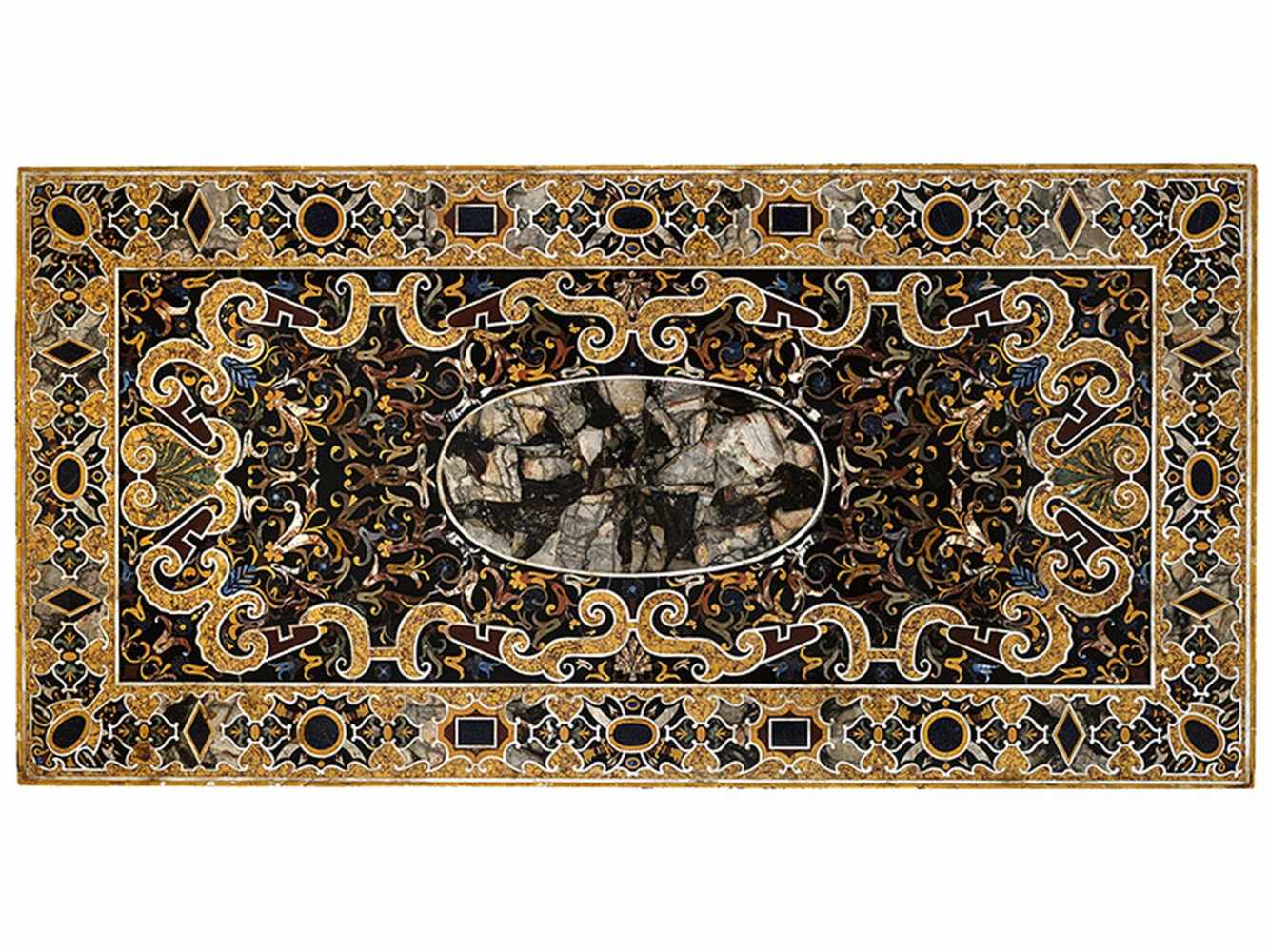 Pietra dura-Platte 100 x 200 cm. Zentrales Bildfeld mit ovalem Medaillon mit grauem Stein, - Image 2 of 2