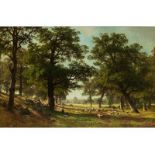 Fritz Carl Werner Ebel, 1835 "" 1895 IDYLLISCHER SOMMERMORGEN MIT SCHAFHERDE Öl auf Leinwand. 73,5 x