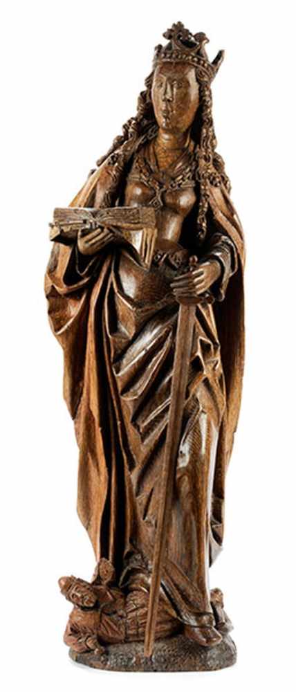 Spätgotische Schnitzfigur der Heiligen Katharina Höhe: 81 cm. Flandern, um 1500. Vollplastisch in - Bild 3 aus 3