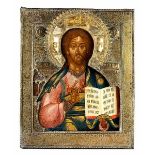 Große Ikone 53 x 43 cm. Christus Pantokrator Russland, 19. Jahrhundert. Vor goldenem Grund wird