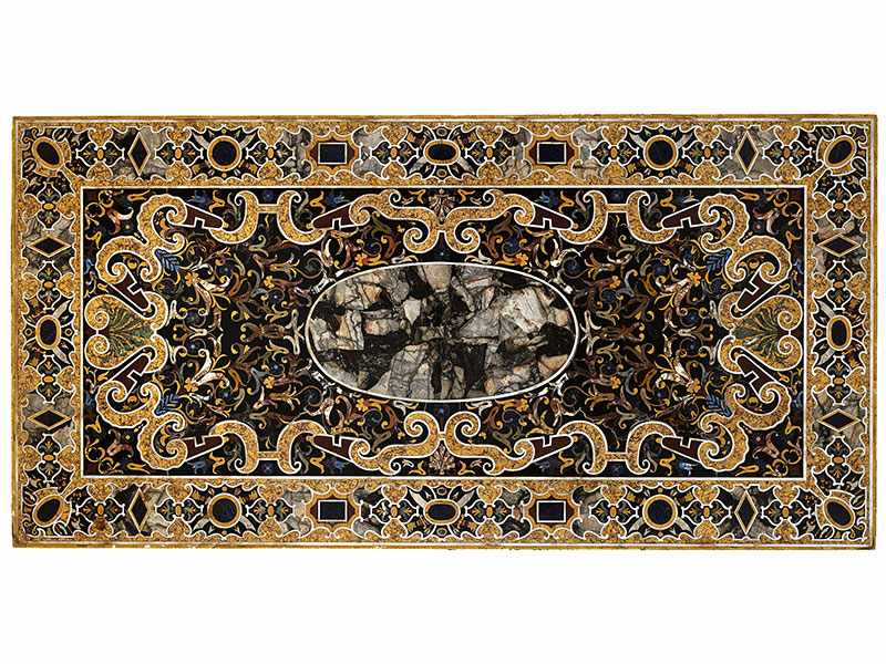 Pietra dura-Platte 100 x 200 cm. Zentrales Bildfeld mit ovalem Medaillon mit grauem Stein,