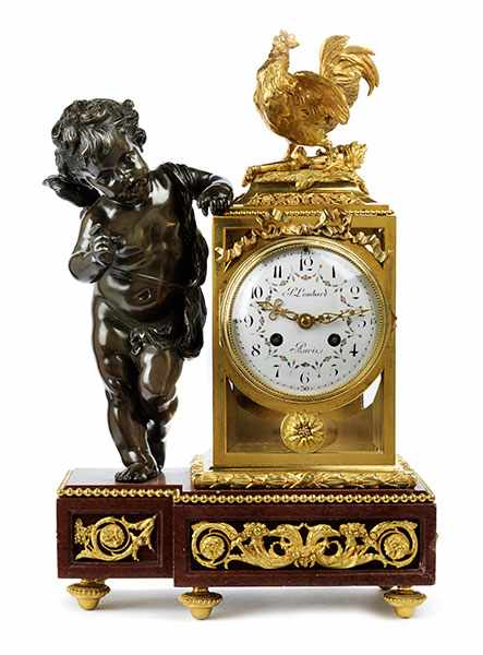 Pariser Uhr mit Putto 43 x 30 x 15 cm. Das Zifferblatt signiert und ortsbezeichnet "P. Lombard" (