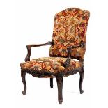 Barock-Fauteuil Rückenlehnenhöhe: 111 cm. Sitzhöhe: 46 cm. Frankreich, erste Hälfte 18. Jahrhundert.